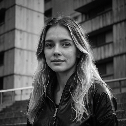 Black and white photo of a young woman in a brutalist city generated by ai