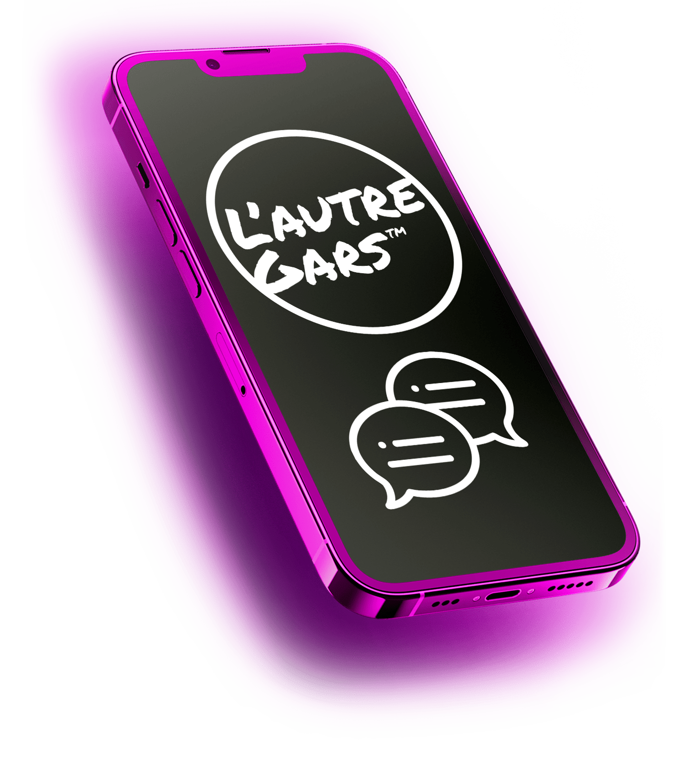 A cellphone flying above a magenta solid background, displaying a logo.