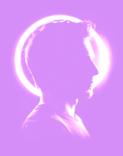 Visuel à propos de moi, représentant un homme de profil avec un halo lumineux autour de la tête.